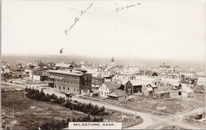 Milestone SK Saskatchewan Birdseye Hotel Town View Sask RPPC Postcard H60 *as is