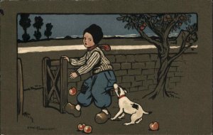 Folk Art Dog Pulls on Little Dutch Boy's Trousers M.M. Vienne c1910 Postcard