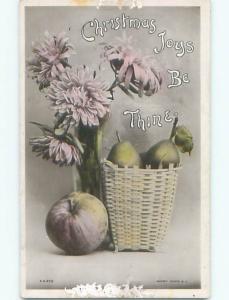 Edge Wear circa 1910 rppc CHRISTMAS - FLOWERS & FRUIT & WICKER BASKET o2691