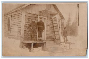 Mens Postcard RPPC Photo Hunting Cabin Shotgun Guns Winter Scene c1910's