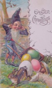 Fantasy Gnome Rabbit Bunny Eggs Antique Vintage Easter Postcard Germany Unused