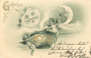 Glucklches Fantsy Moon & Sun Drinking 1902 (Gold Foil) New Year Toast Postcard
