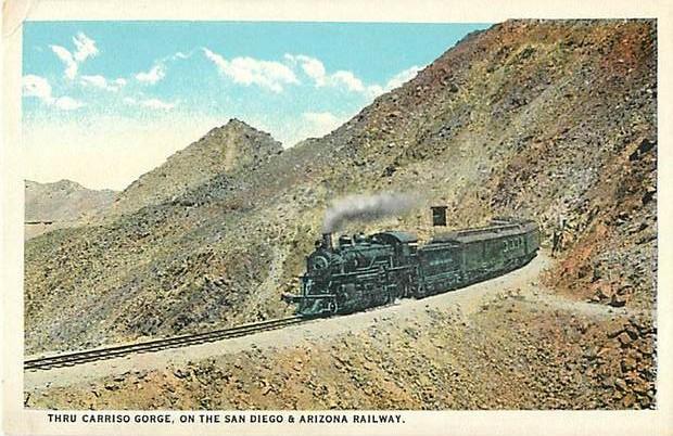 Thru Carriso Gorge, San Diego & Arizona Railway, California CA, White Border