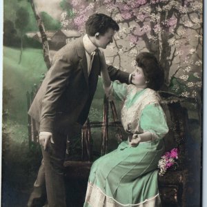 c1910s Germany RPPC Romance Couple Moonlight Kiss Blossoms Poem Courtship A347
