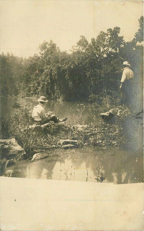 C-1910 Men fishing hole Sports Recreation Postcard 20-4794