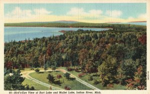 VINTAGE POSTCARD BIRD'S EYE VIEW OF BURT LAKE AND MULLET LAKE INDIAN RIVER MICH