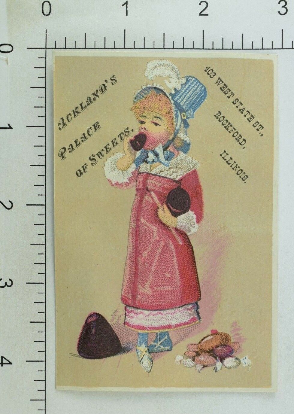 1880's Ackland's Palace of Sweets Girl Eating Chocolates Victorian Card ...