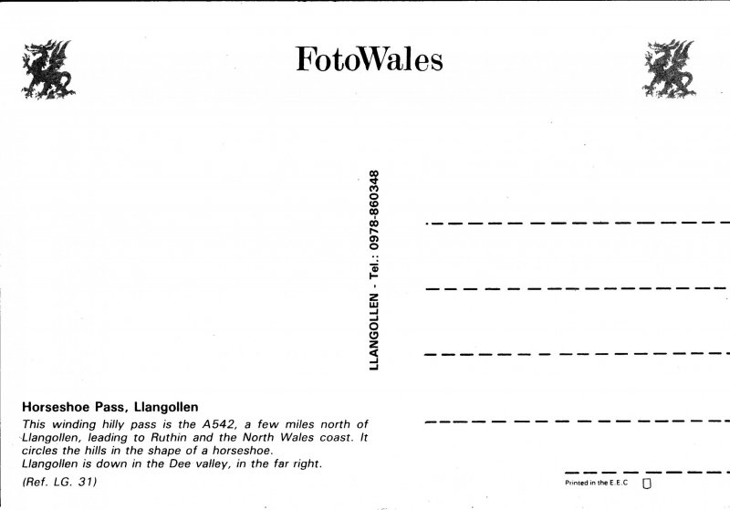 Postcard UK Wales Llangollen Horseshoe Pass