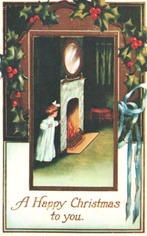 Vintage Postcard A Happy Christmas To You Girl On Fireplace Decorations Holiday