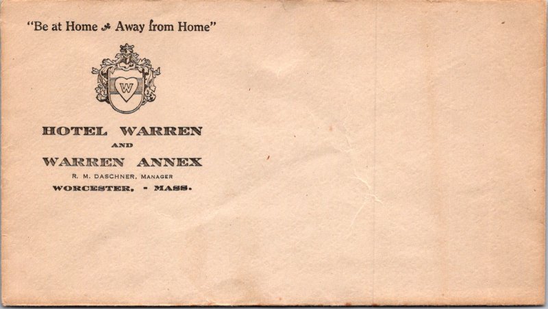 Hotel Warren Worchester MASS  vintage stationery envelope cachet