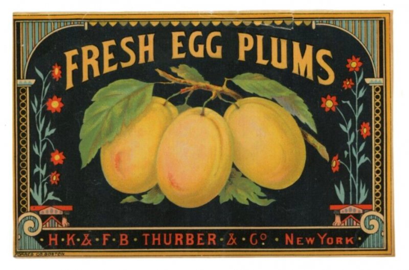 1870s-80s Thurber Can Label Fresh Egg Plums #6M