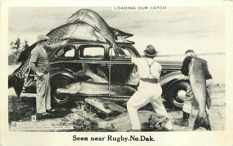 North Dakota Rugby Fishing Exaggeration 1940s RPPC Photo Postcard 22-2450