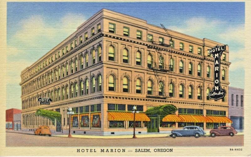 Hotel Marion Salem Oregon OR Old Cars Vintage Linen Postcard E7