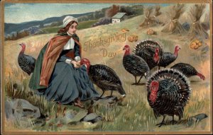 Tuck Thanksgiving Woman Pilgrim Feeding Turkeys c1910 Postcard