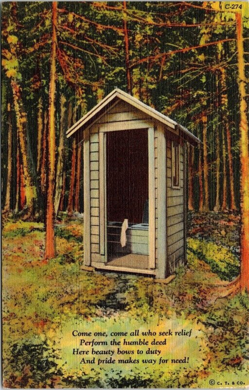 Outhouse Poem Linen Postcard UNP VTG Curt Teich Privy Card Unused Vintage 