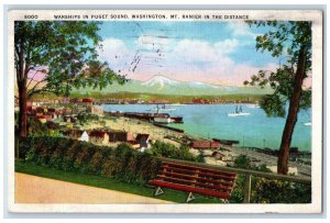 1940 Warships In Puget Sound Washington Mt. Ranier In The Distance Postcard