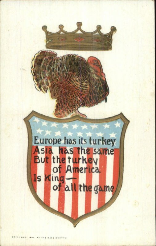 Thanksgiving Patriotic - Turkey American Flag Shield Crown c1910 Postcard