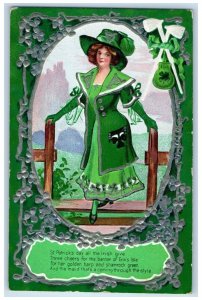 St. Patrick's Day Postcard Pretty Woman Erin's Isle Pipes Embossed c1910's