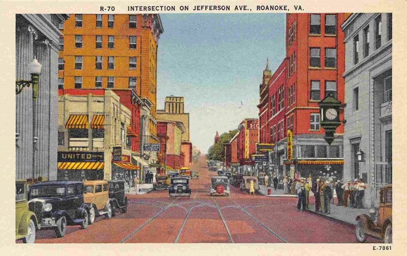 Jefferson Avenue Street Scene Roanoke Virginia linen postcard