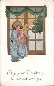 Christmas Children Girl Toy Doll Embossed c1900s-10s Postcard