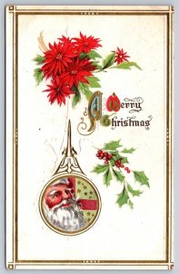 A Merry Christmas, Santa Claus, Poinsettia, Holly, Antique Embossed Postcard