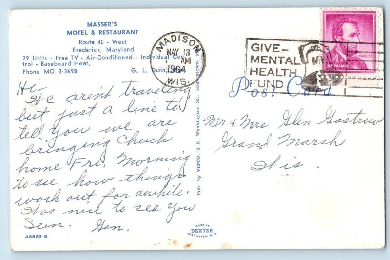 Frederick Maryland MD Postcard Masser's Motel Restaurant c1964 Vintage Antique
