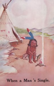 When A Mans Single Red Indian Tent Comic Old Postcard