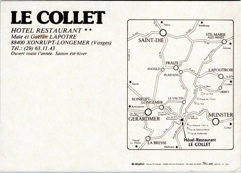 postcard France - Le Collet Hotel and Restaurant - Xongrupt-Longemer Vosges