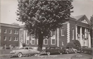 RPPC Postcard First Baptist Church Eugene Oregon Vintage Cars