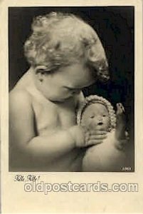 Children, Child with Doll writing On Back minor corner wear, clean card, Unused