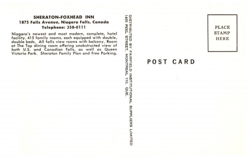 Sheraton-Foxhead Inn Niagara Falls Canada Vintage Hotel Postcard