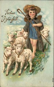 Easter Little Boy Angel Shepherd With Sheep Gilt c1910 Vintage Postcard