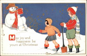 Christmas Children Snowman Shovel Gilt Embossed c1900s-20s Postcard