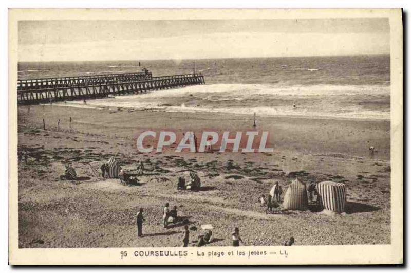 Old Postcard The Beach Courseulles and jetties