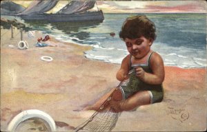 Little Boy on Beach Fishing Net Italy Seaside c1910 Vintage Postcard