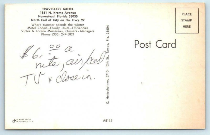 HOMESTEAD, FL ~ Roadside TRAVELLERS MOTEL 1960s-70s Miami Dade County Postcard