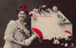 New Year Greetings Lady Mushroom Money Bag Photo Montage 1910 postcard B993