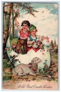 c1910's Easter Wishes Children In Hatched Egg Lamb Embossed Antique Postcard 