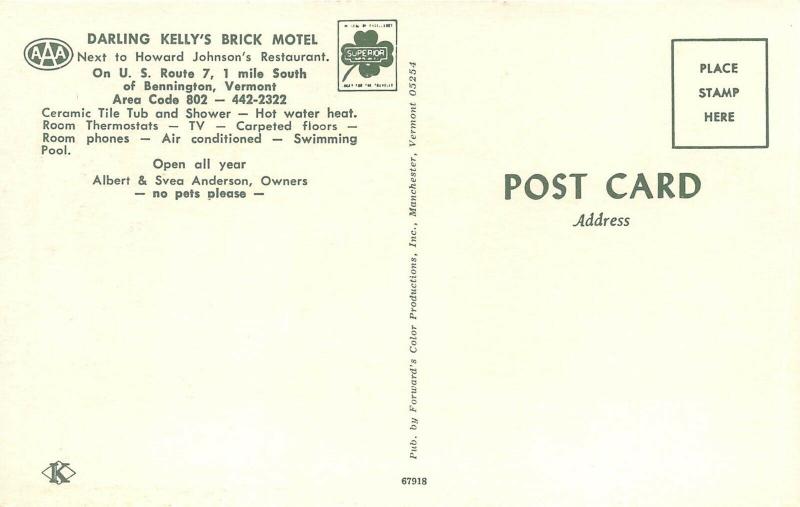 Bennington Vermont 1950s Postcard Darling Kelly's Brick Motel