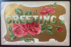 Vintage Victorian Postcard 1910 Greetings - Gold Foil Greetings with Pink roses