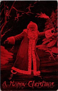 Happy Christmas Santa Claus Skating Torch Elf Friends Red c1909 Postcard H49