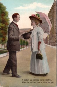 Postcard Th. Eismann 1092 - Woman umbrella Man - Madam meets lover