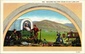 Building First House Salt Lake City Linen Utah Ut Mormon Pioneer West Postcard