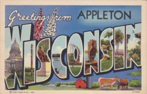 Wisconsin Greetings From Appleton Large Letter Linen 1943 Curteich