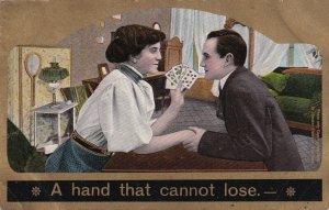 ROMANTIC COUPLE, PU-1909; Woman holding cards and the hand of her suitor