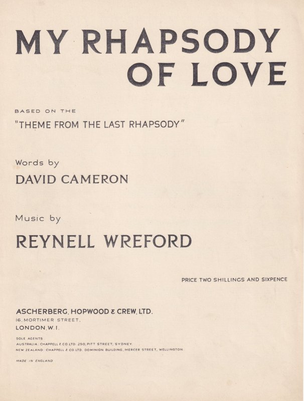 My Rhapsody Of Love Theme From The Last Reynell Wreford Olde Sheet Music