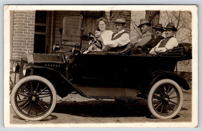 Vintage Car Close Up~Full Crew~Puppy Dog~Driver w/ Cigar~c1910 Automobile RPPC 