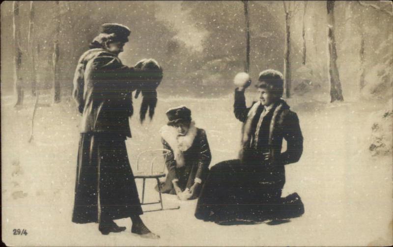 Women in Furs - Snowball Fight c1910 Real Photo Postcard