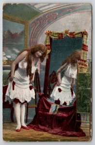 Victorian Woman in Dressing Room Mirroe Reflection Postcard E30