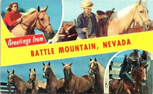 Banner Postcard Nevada Greetings from Battle Mountain Cowboys & Horses 1966 V203